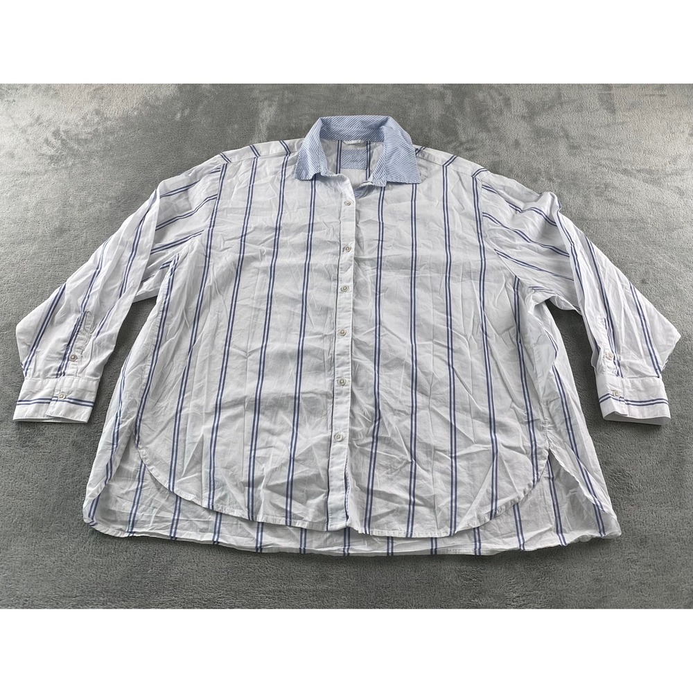 Aerie Womens White Blue Striped Button Down Shirt Relaxed Fit Contrast Collar M